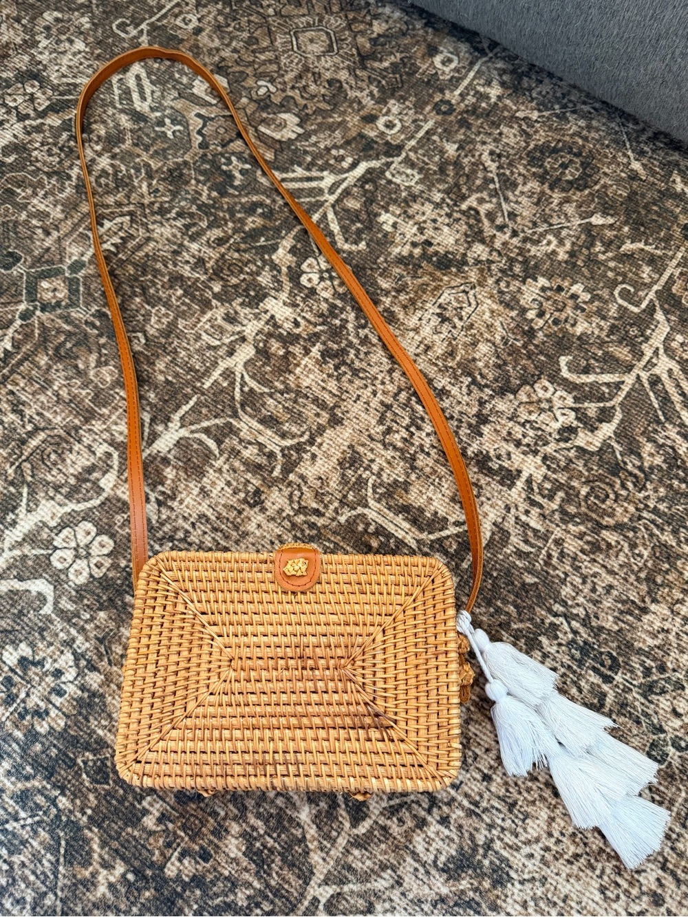 T.J.Maxx Woven Tan Crossbody Bag with White Tassel
